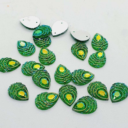 10x 18mm green AB peacock textured acrylic sew on rhinestone gem pear drop