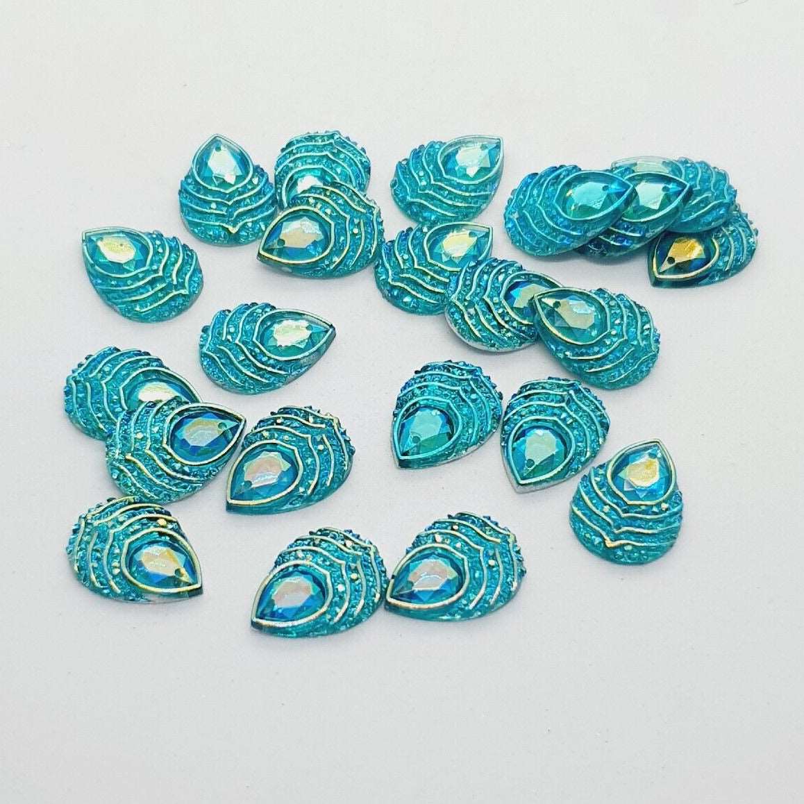 10x 18mm green blue AB peacock textured acrylic sew on rhinestone gem pear drop