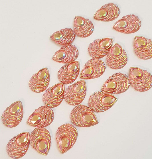 10x 18mm pink AB peacock textured acrylic sew on rhinestone gem pear drop