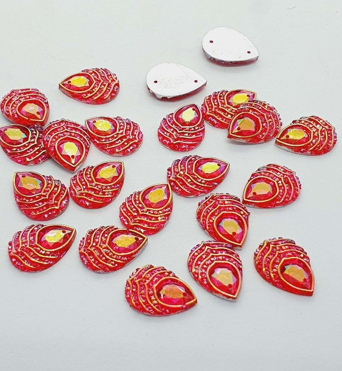 10x 18mm siam/ red AB peacock textured acrylic sew on rhinestone gem pear drop