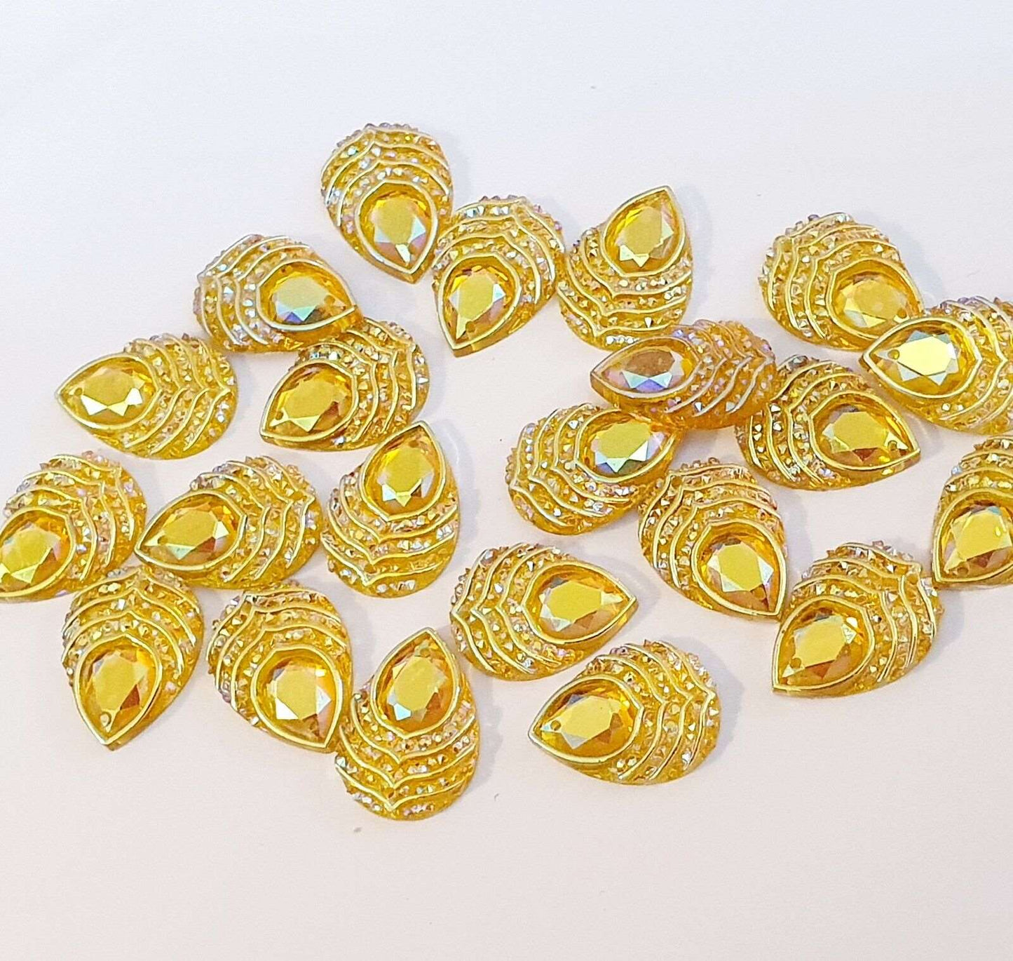 10x 18mm yellow AB peacock textured acrylic sew on rhinestone gem pear drop