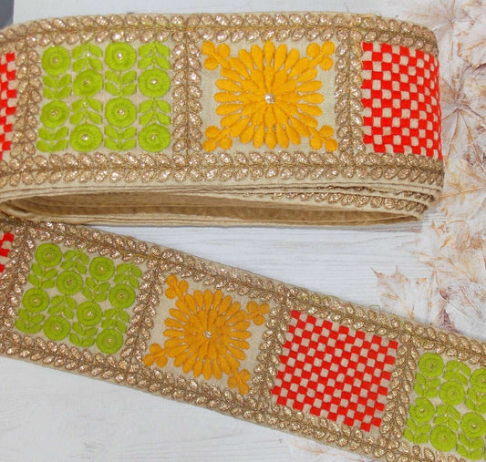 1m 8.5cm gold green red yellow indian flower sari ribbon trim