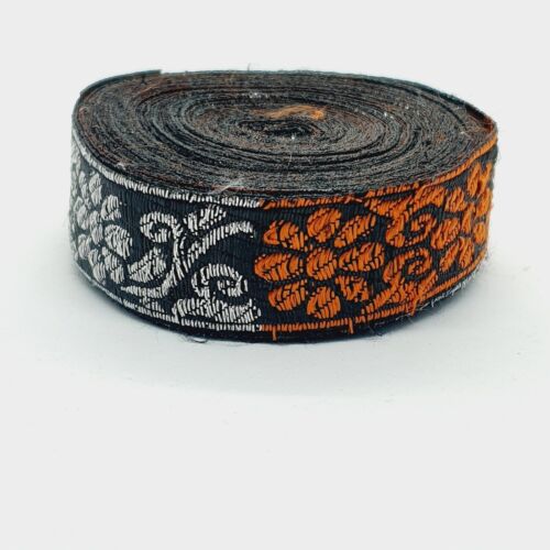 1m 27mm black silver & orange jacquard embroidered ribbon