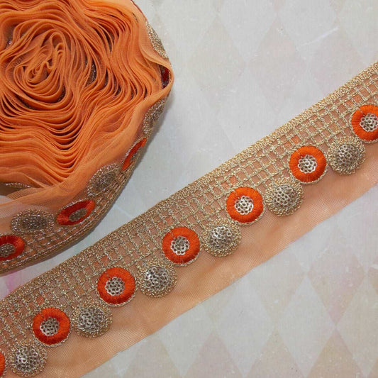 1m 5.5cm orange gold embroidered net lace