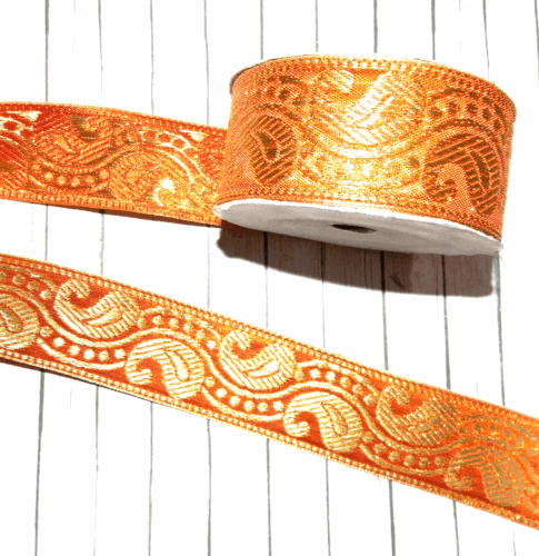 1m 38mm orange gold paisley jacquard embroidered ribbon