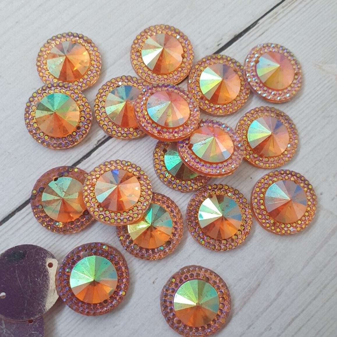 10x 16mm orange AB acrylic sew on rhinestone gem round/ rivoli