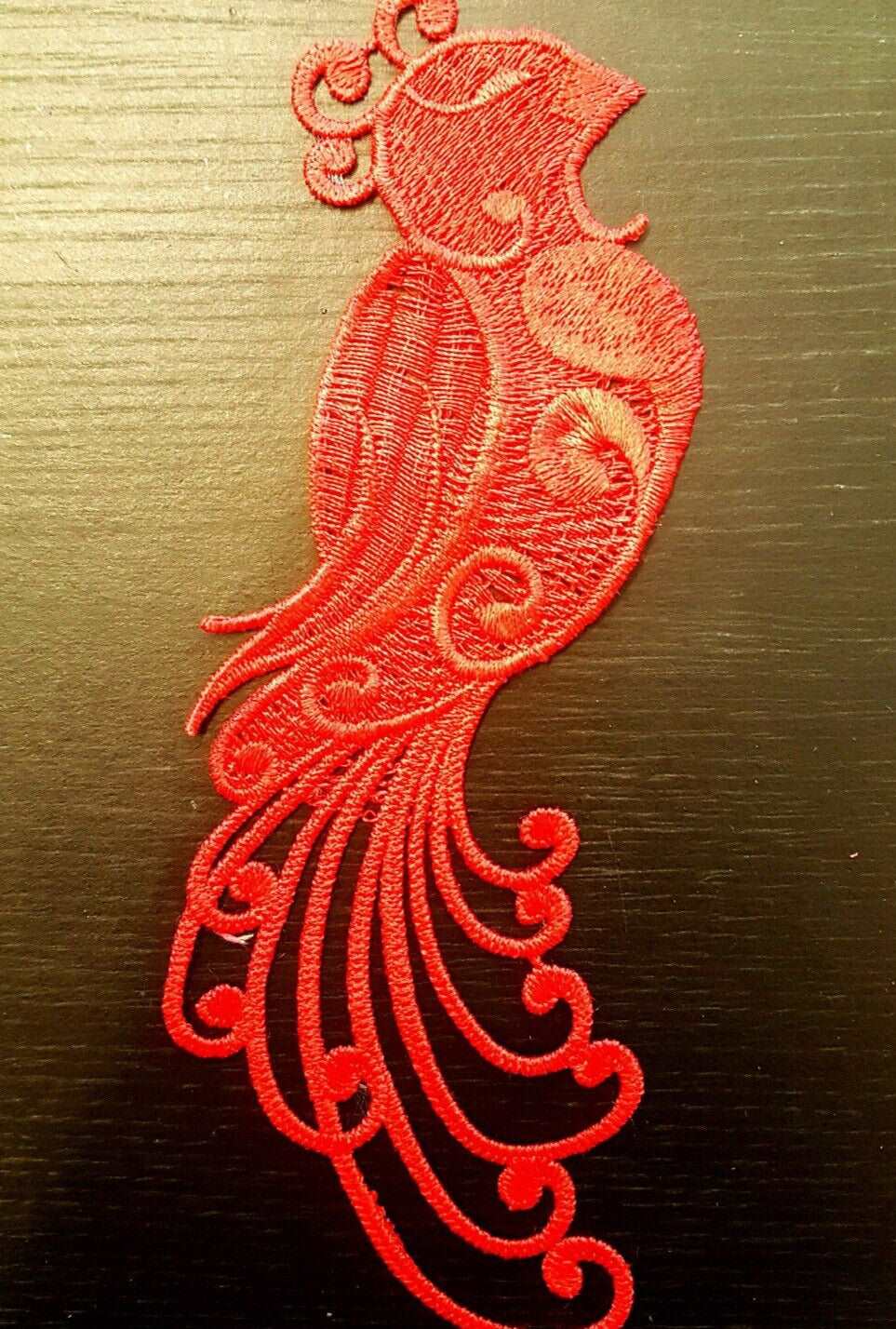 1x 21cm Red guipure lace embroidered peacock applique