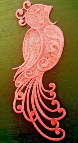 1x 21cm Pink guipure lace embroidered peacock applique