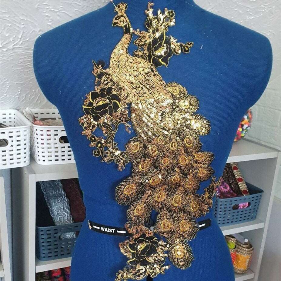 1x Black & Gold peacock hot-fix applique