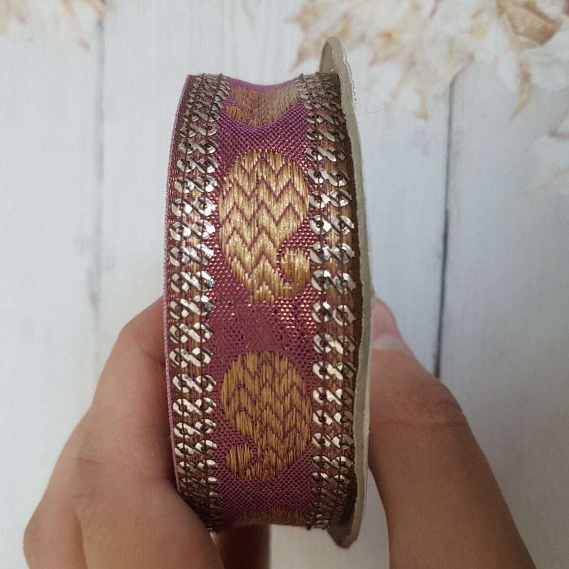 1m 28mm wine gold embroidered jacquard PAISLEY ribbon