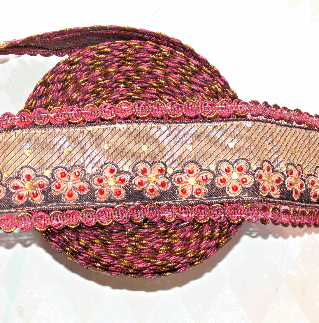 1m 6.5cm peach maroon gold paisley crystal embroidered ribbon BRAID