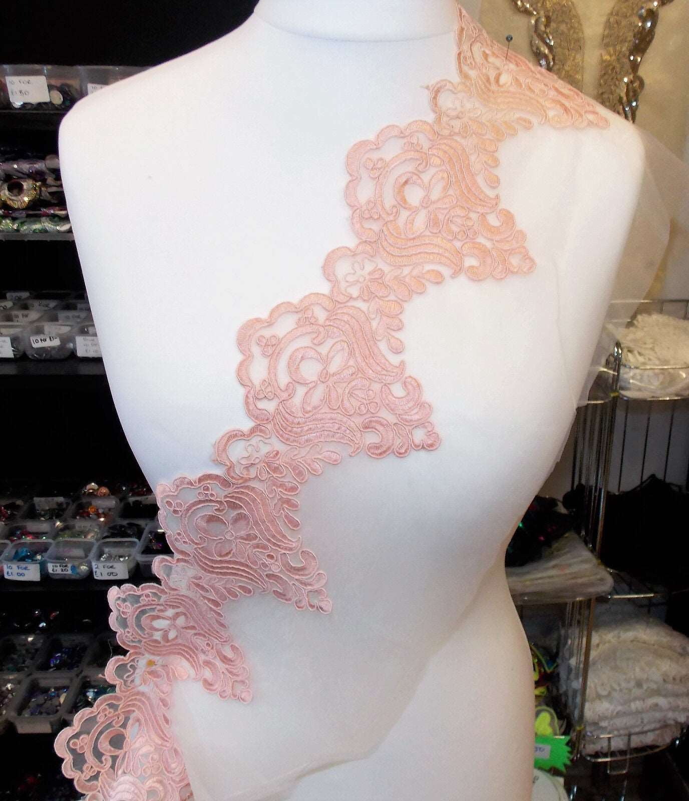 1m 21cm peach embroidered net lace floral scallop edge