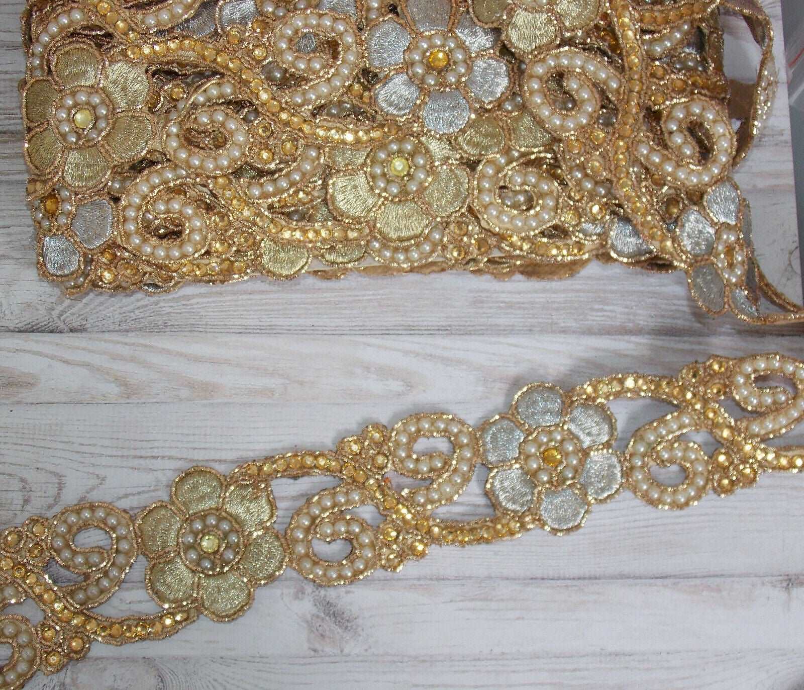 1m 5.5cm Metallic silver gold lace applique with crystals & pearls