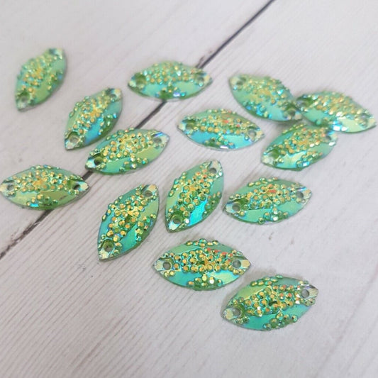 10x 15mm peridot green AB acrylic textured sew on rhinestone gem horse eye