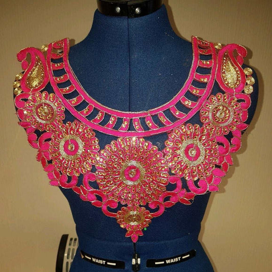 1x gold pink embroidered crystal applique collar/ neckline