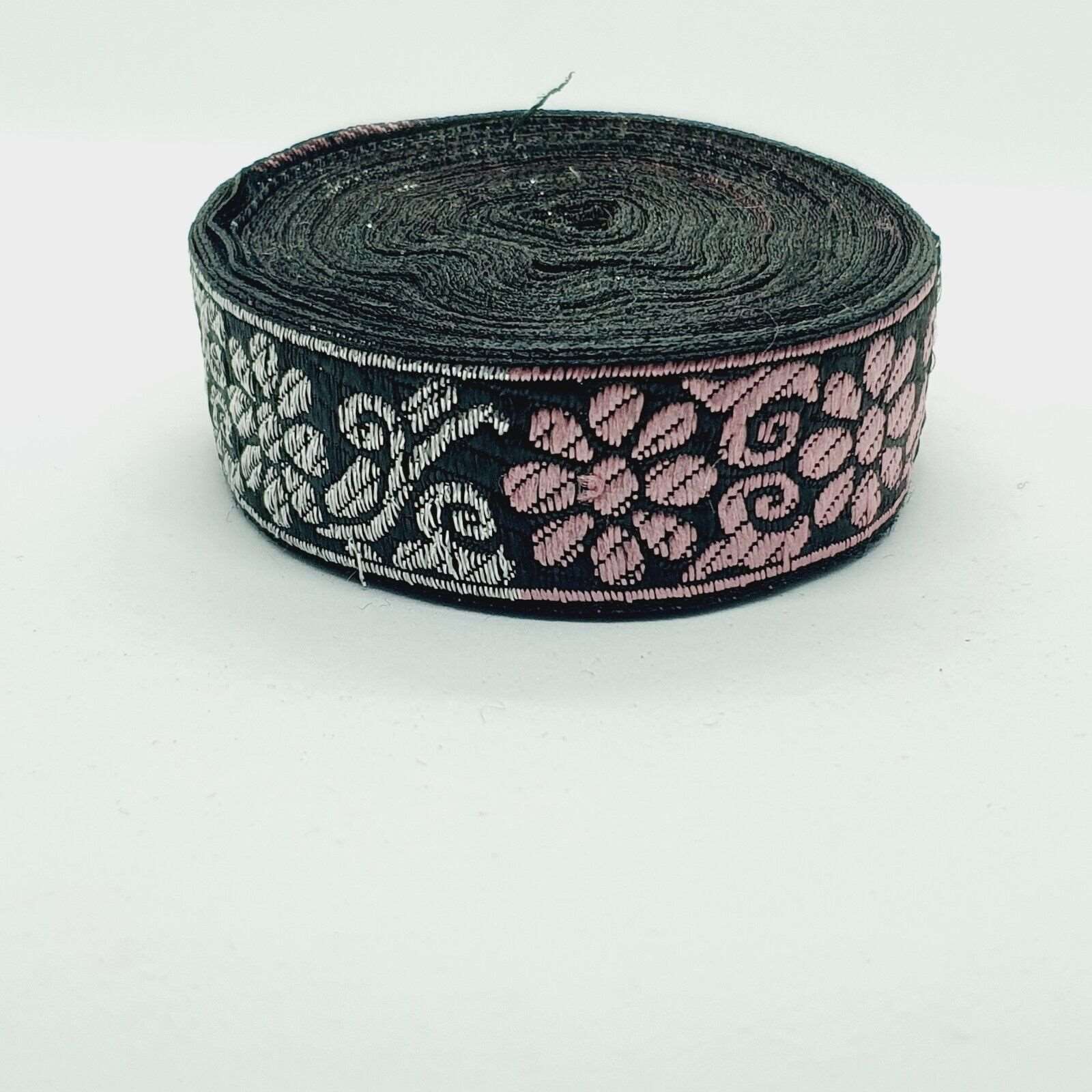 1m 27mm black silver & pink jacquard embroidered ribbon