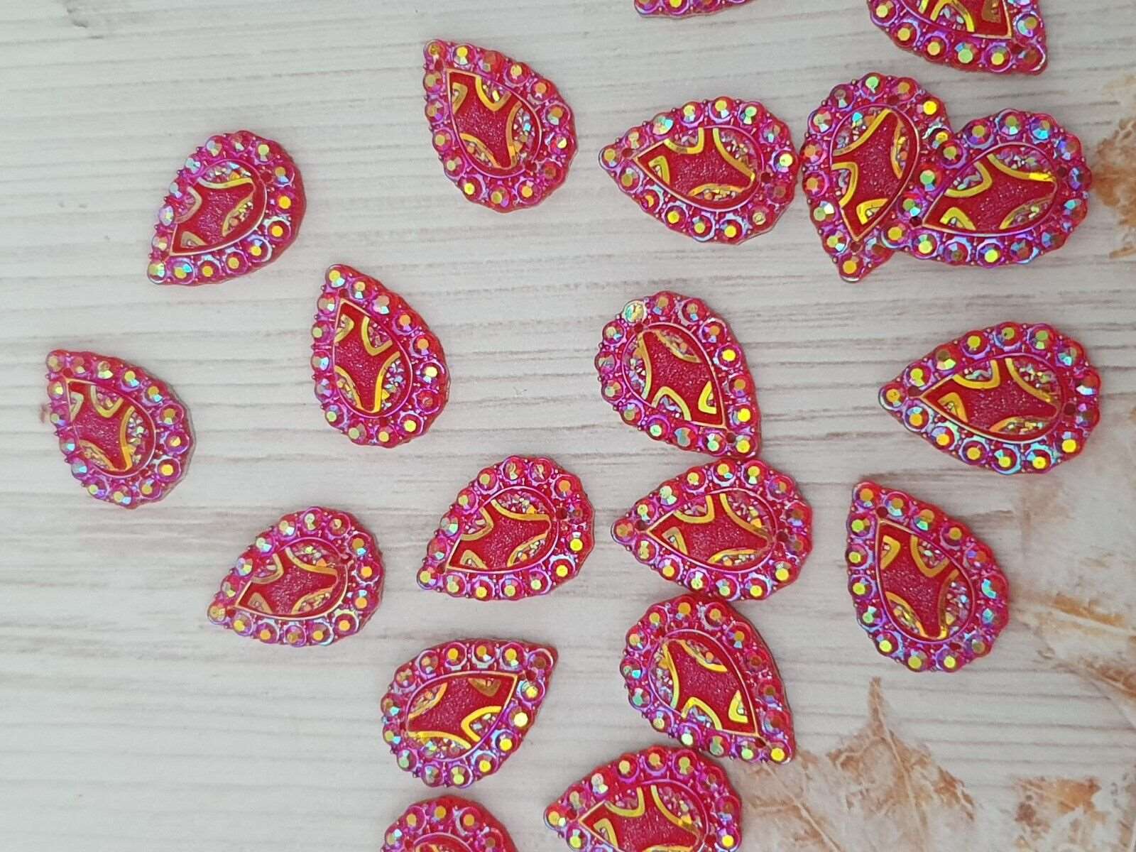 10x 18mm deep pink AB textured acrylic sew on rhinestone gem pear drop