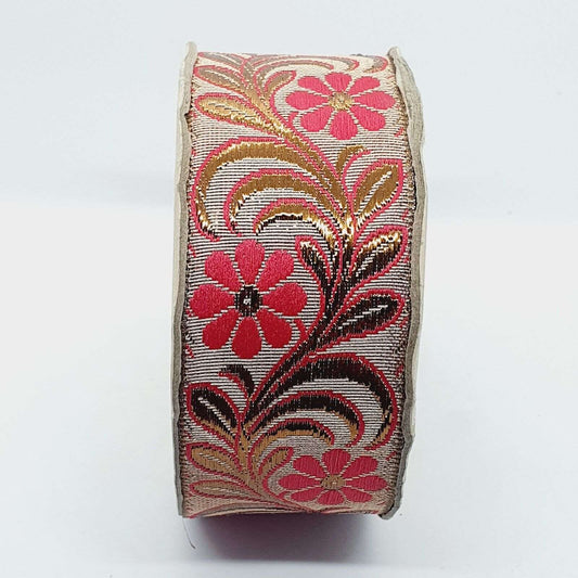 1m 40mm metallic gold/ bronze & pink flower embroidered ribbon