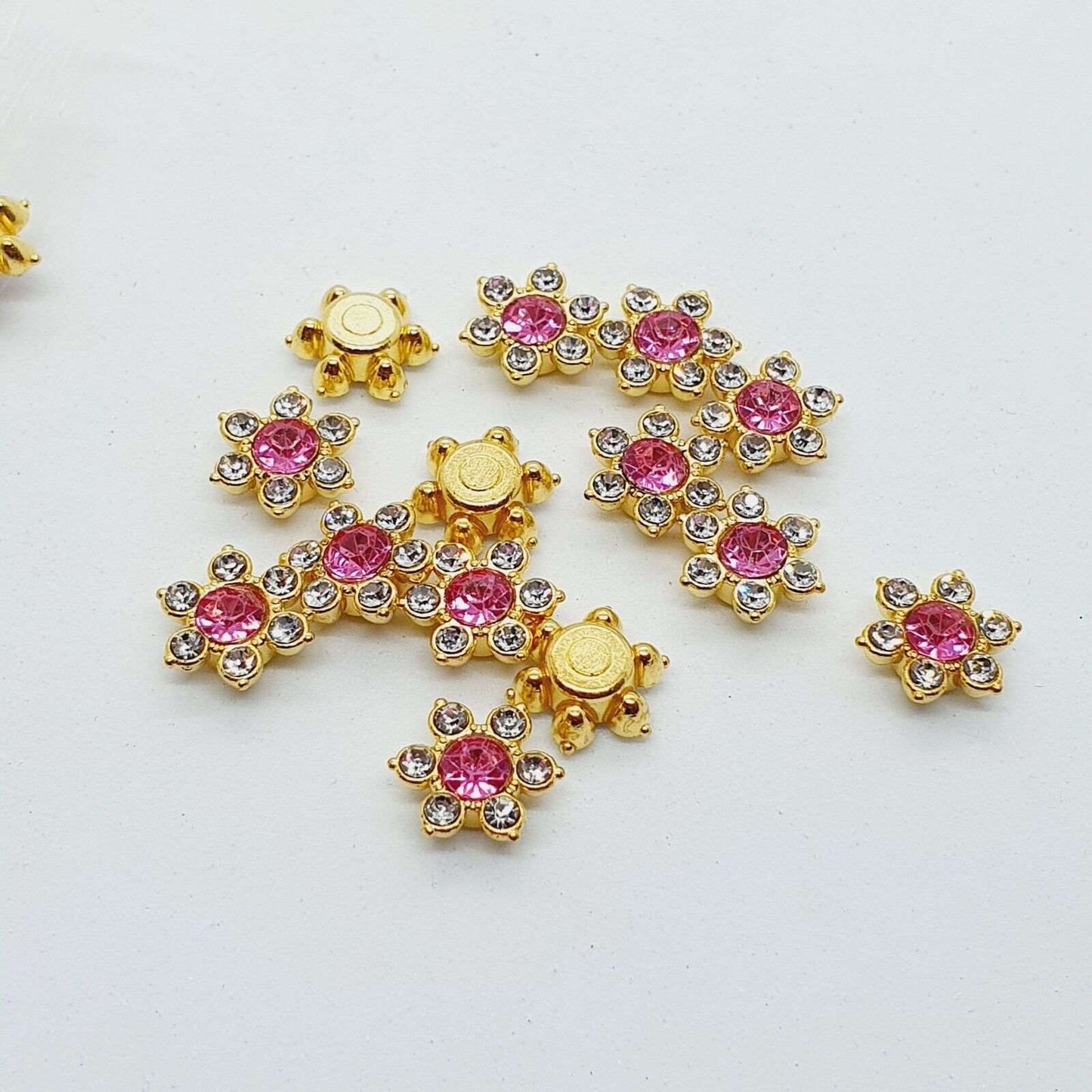 5x 12mm gold CLEAR & PINK glue on rhinestone gem flower shape