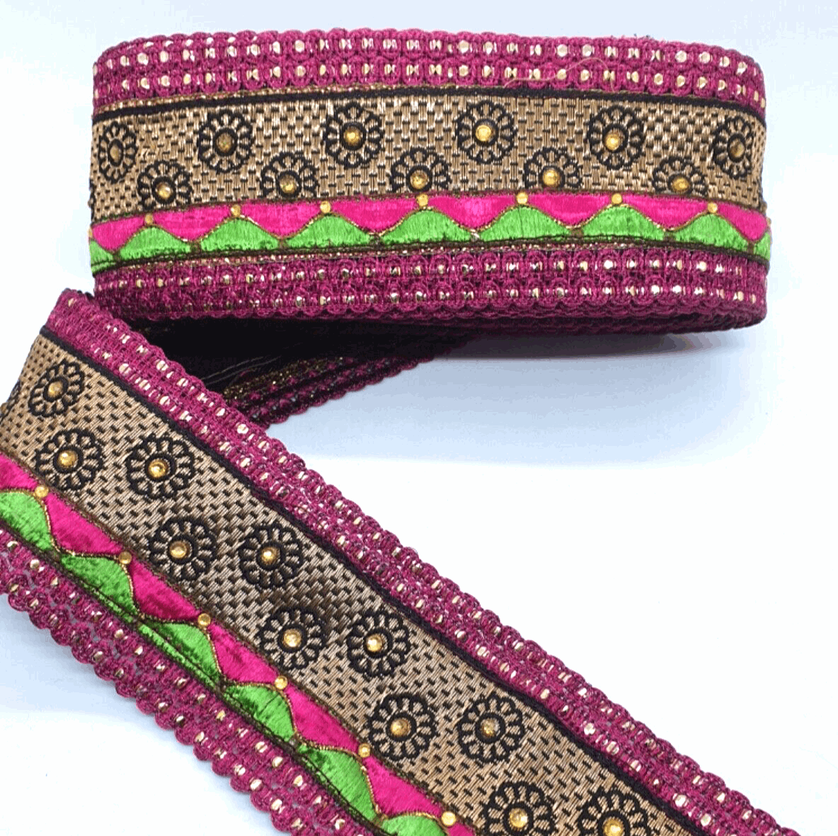 1m 6cm pink green gold paisley crystal embroidered ribbon BRAID