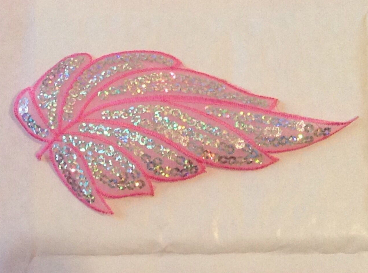 1x pink sequin leaf applique HOT-FIX 16.5cm