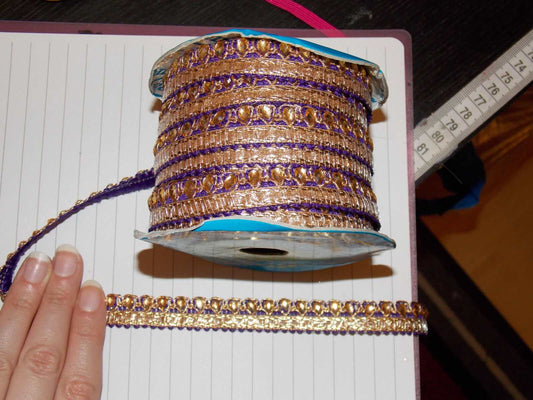 1m purple gold crystal jewelled trim braid 15mm