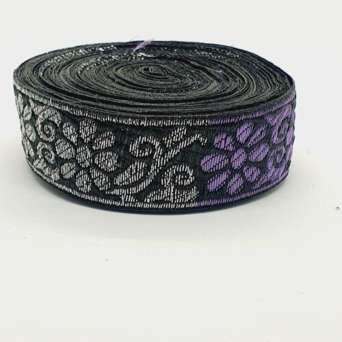 1m 27mm black silver & purple jacquard embroidered ribbon