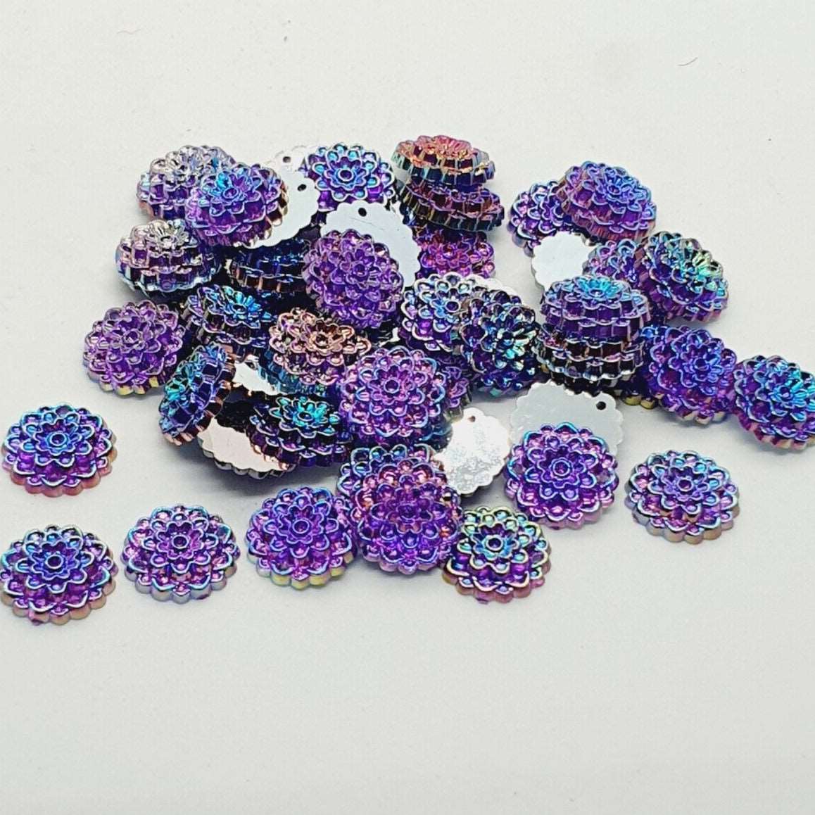 10x 16mm purple AB acrylic textured flower sew on rhinestone gem round