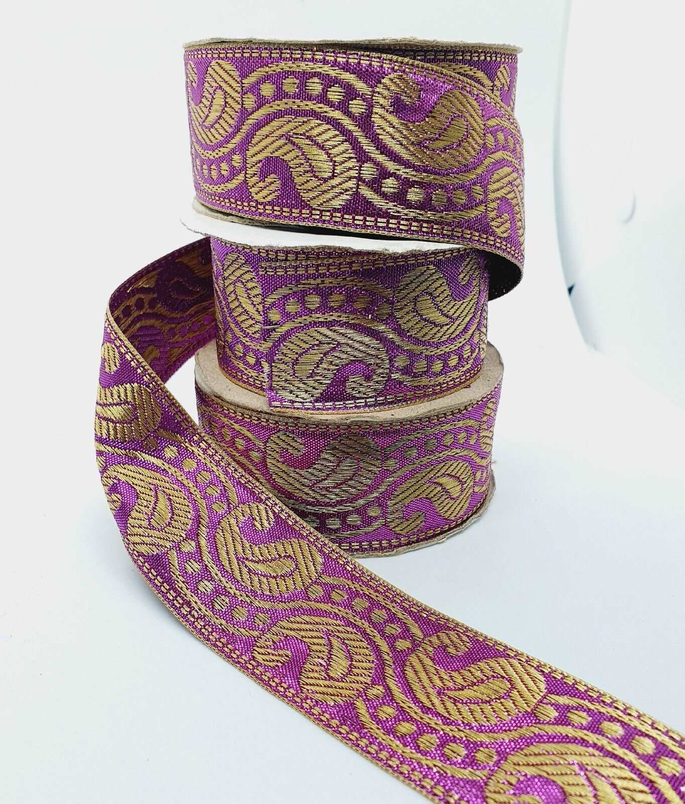 1m 38mm purple pink gold paisley jacquard embroidered ribbon