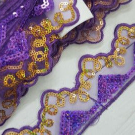 1m 5cm net lace with purple & gold hologram sequins