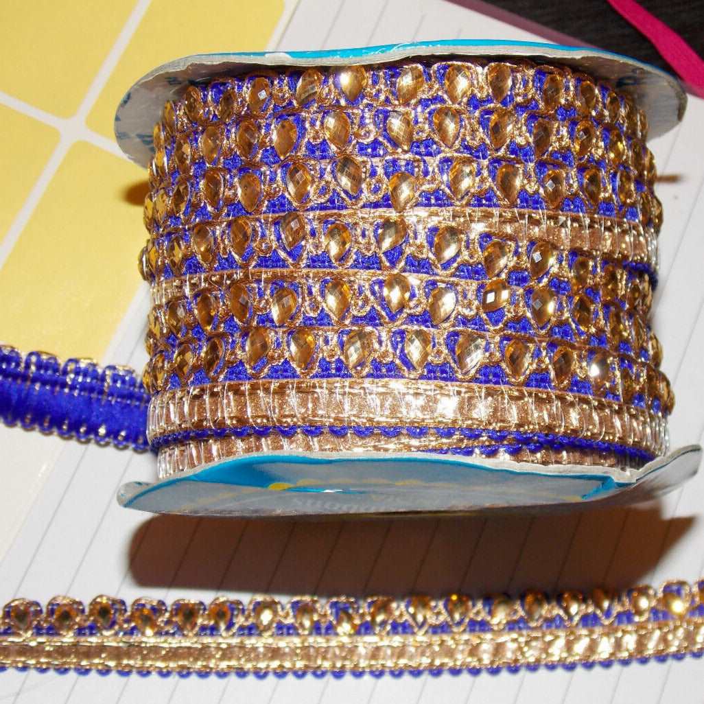 1m blue gold crystal jewelled trim braid 15mm