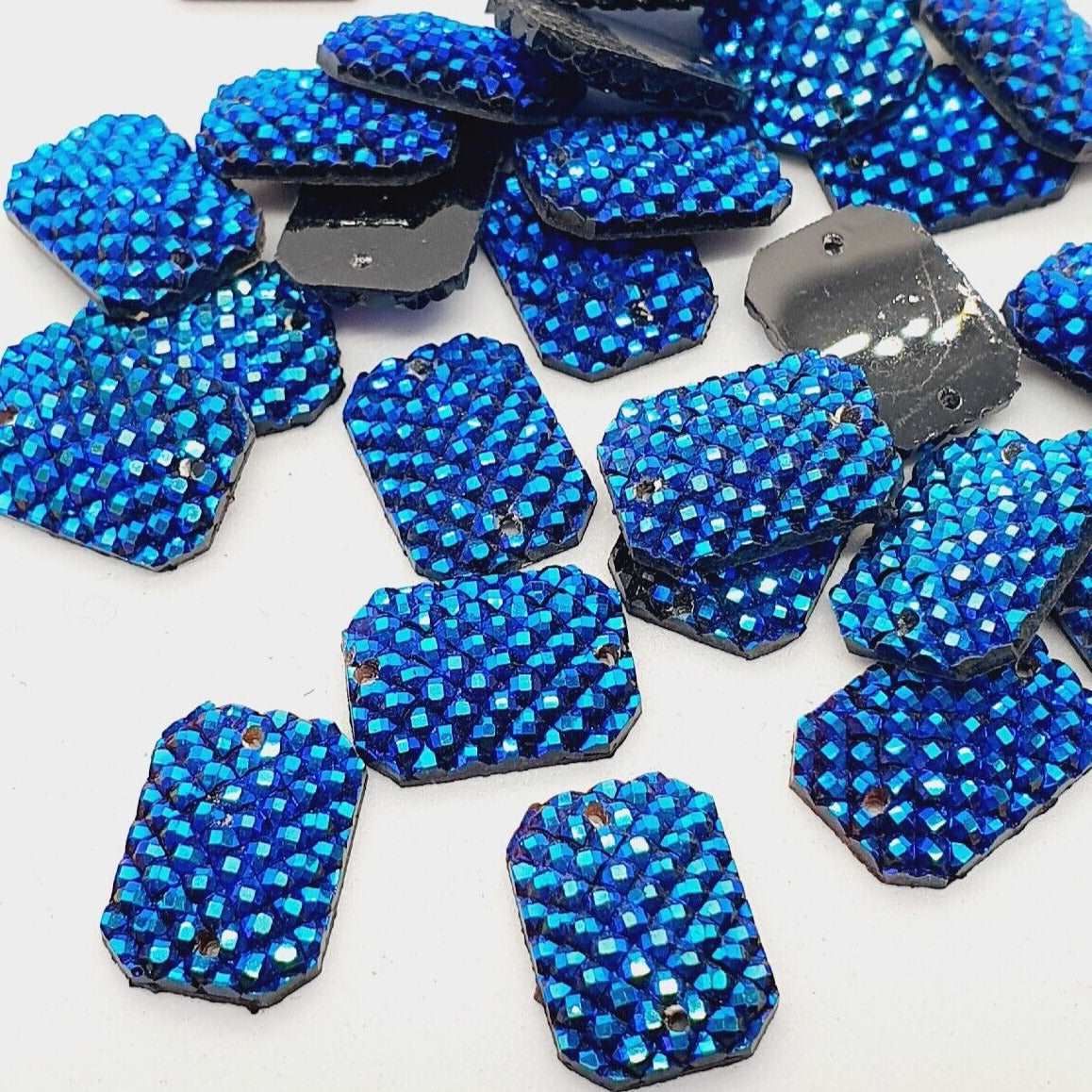 10x 14mm blue AB textured acrylic sew on rhinestone gem rectangle