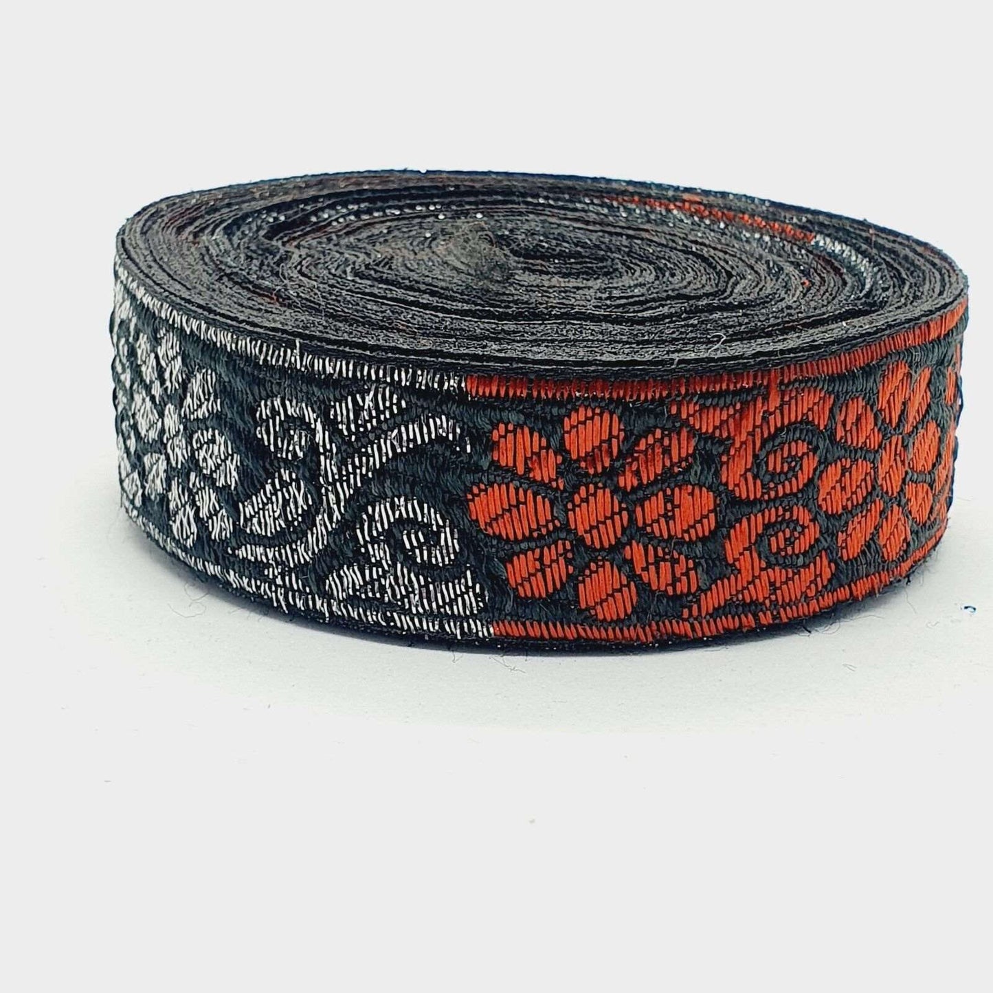 1m 27mm black silver & red jacquard embroidered ribbon