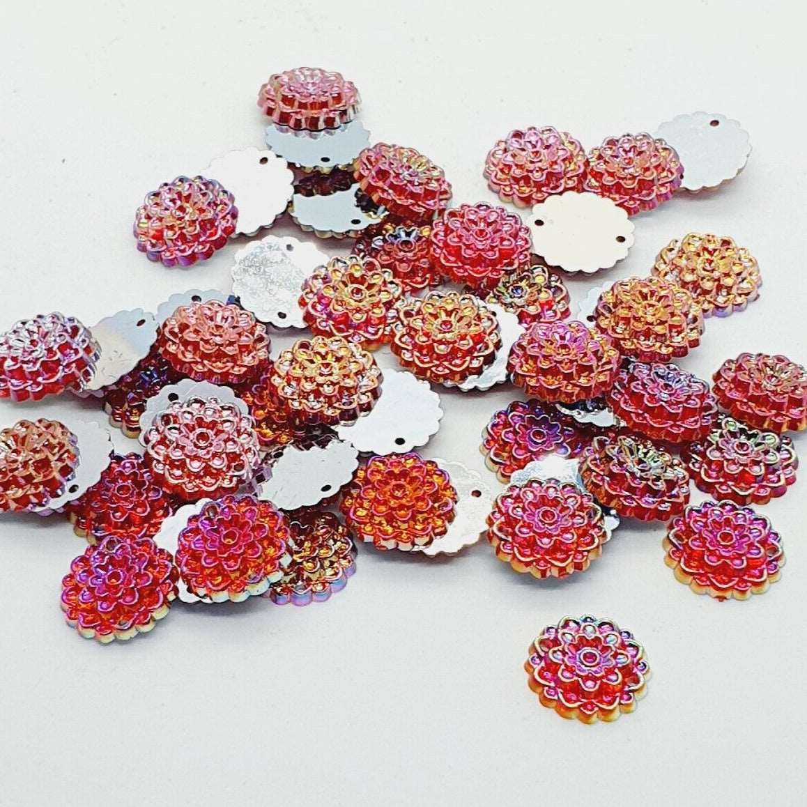 10x 16mm siam/ red AB acrylic textured flower sew on rhinestone gem round