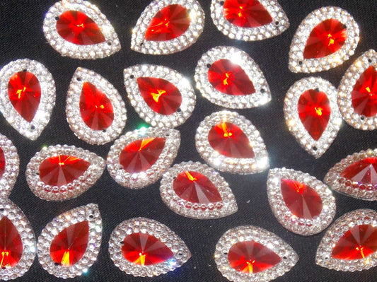 10x 18mm red & clear textured acrylic sew on rhinestone gem pear drop