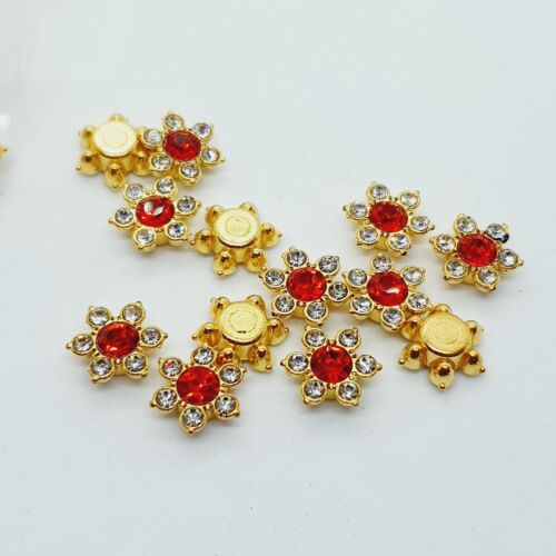 5x 12mm gold CLEAR & RED glue on rhinestone gem flower shape