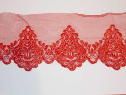 1m 15cm red embroidered net lace floral scallop edge