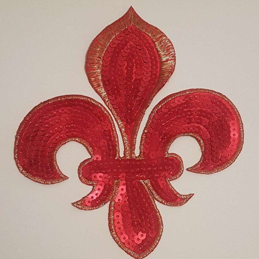 1x red sequin fleur de lys FLOWER hot-fix applique 33cm