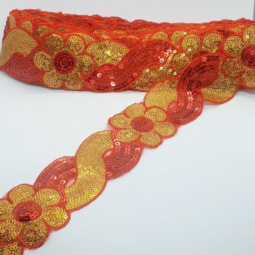 1m 6cm flower net lace with red & gold hologram sequins