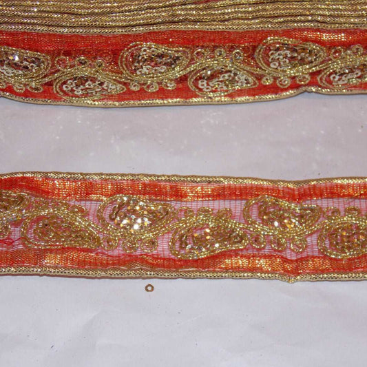 1m red gold sequin embroidered net ribbon applique motif trimming 30mm