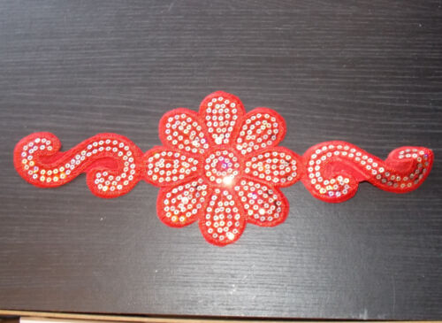 1x 29cm red & silver hologram sequin flower hot-fix applique