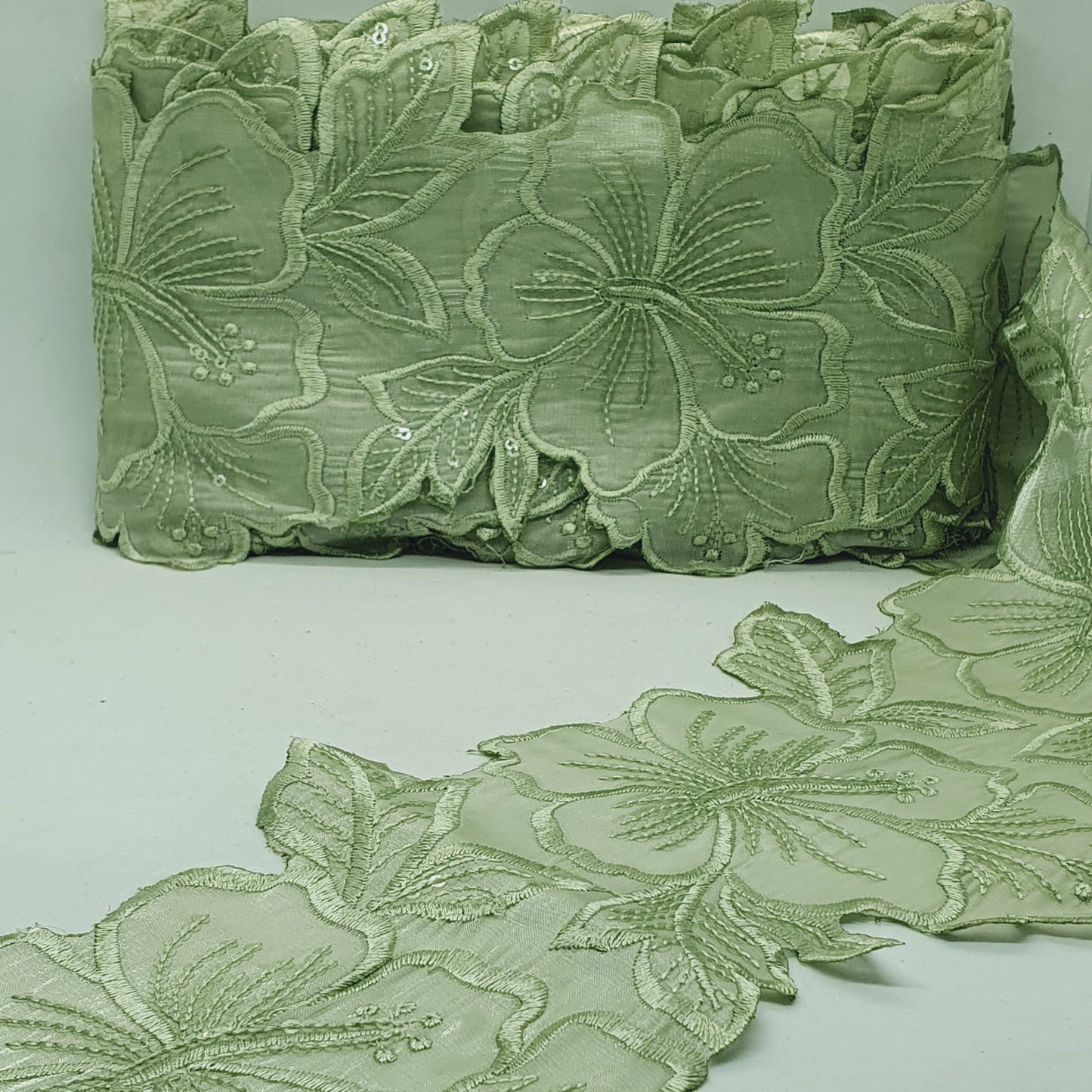1m 14cm sage green embroidered net floral lace with transparent sequins