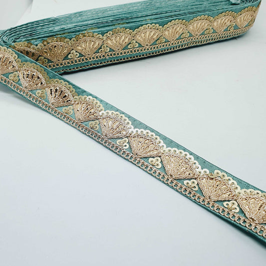 1m mint/ sea foam green sequin embroidered taffeta Indian ribbon 30mm