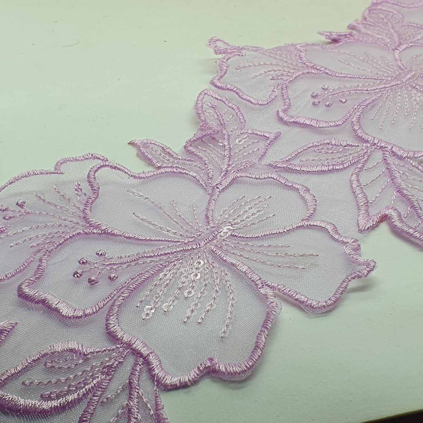 1m 14cm lilac embroidered net floral lace with transparent sequins