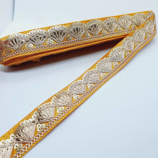 1m Sunflower yellow sequin embroidered taffeta Indian ribbon 30mm