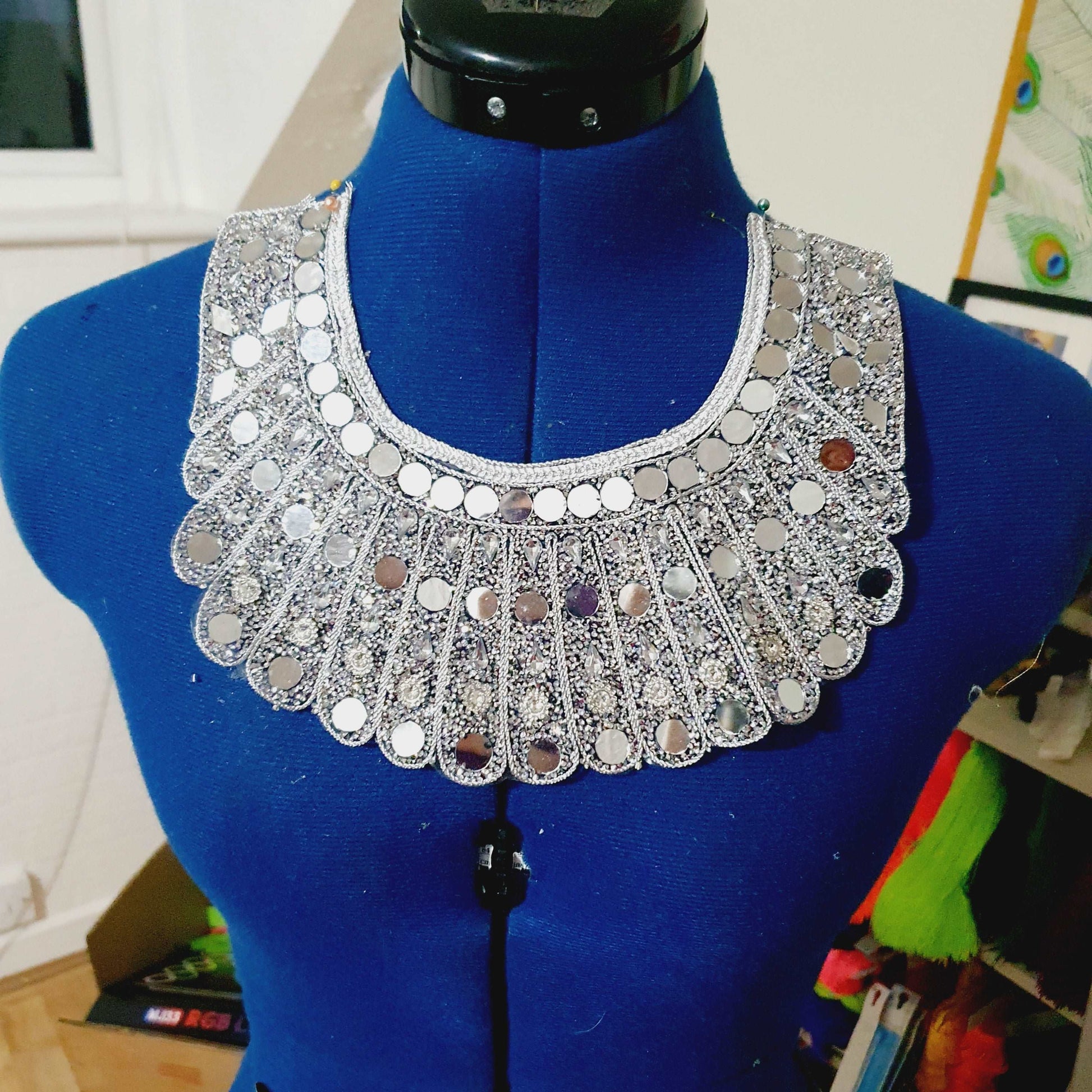 1x silver clear crystal hot fix applique collar/ neckline with mirror