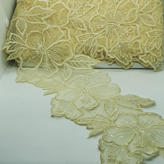1m 14cm lemon yellow embroidered net floral lace with transparent sequins