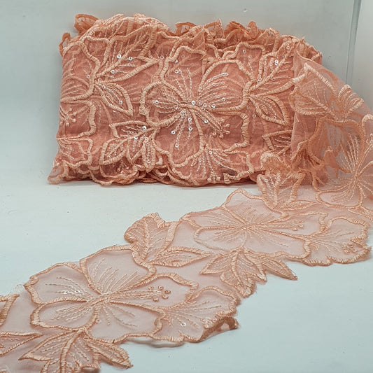 1m 14cm peach embroidered net floral lace with transparent sequins