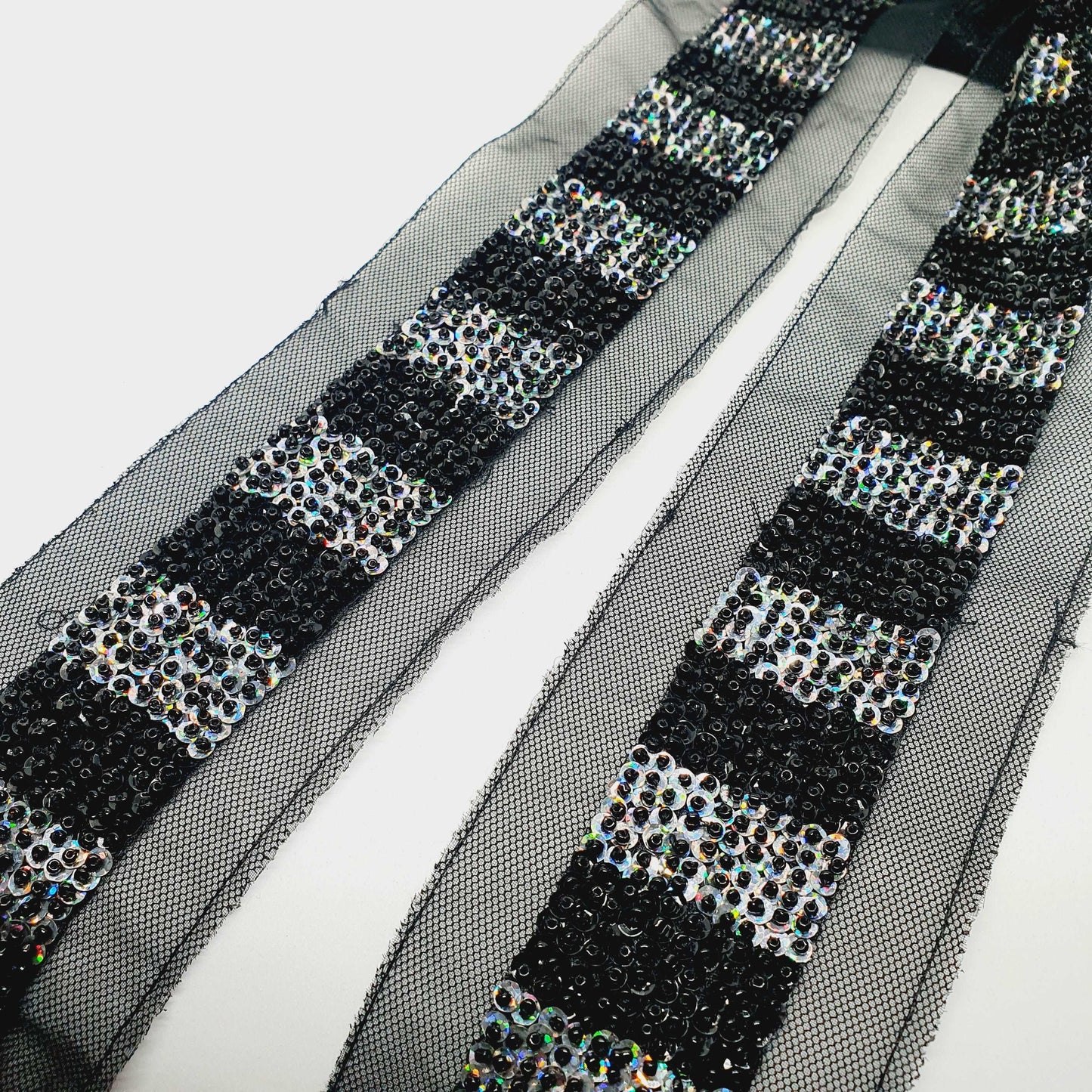 1m black & silver hologram sequin and bead braid net trimming ribbon 70mm