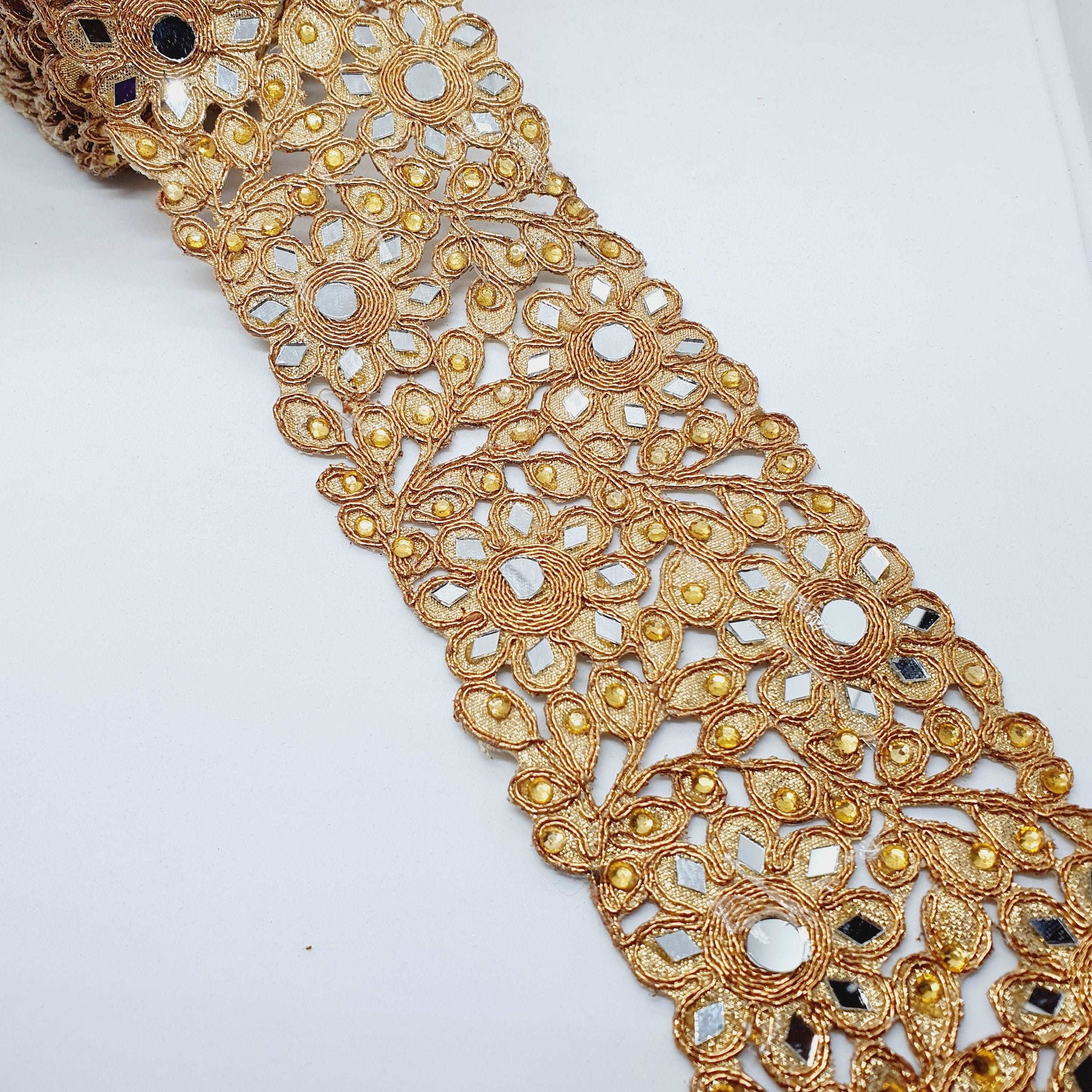 1m 7cm Metallic deep gold crystal and mirror lace applique